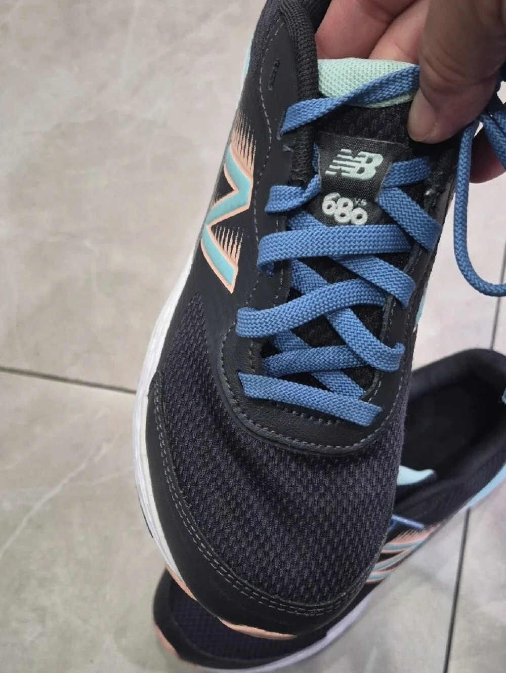 New Balance Women's Black Athletic Sneakers with Blue Laces and Peach Accents
